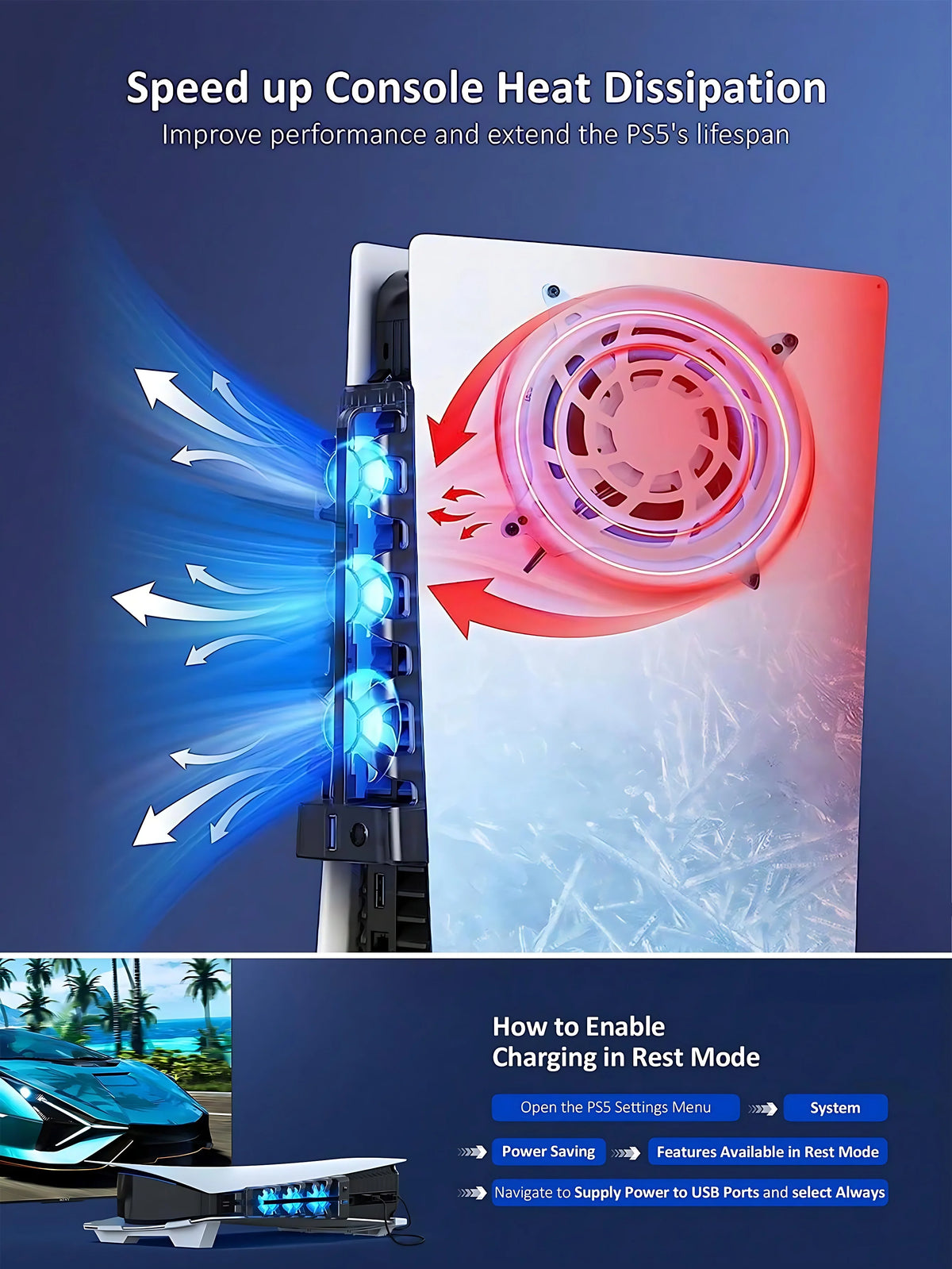 For PS5 Accessories Cooling Fan with LED Light for PS5 Both Disc and Digital Editions Gaming Accessorie Cooling System