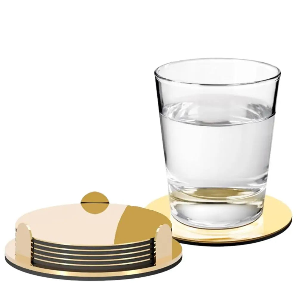 Kitchen Gadgets Round Gold Stainless Steel Coaster Set Mirror-like With Holder Drink Pad Scald-proof Insulated Cup Mat Tabletop