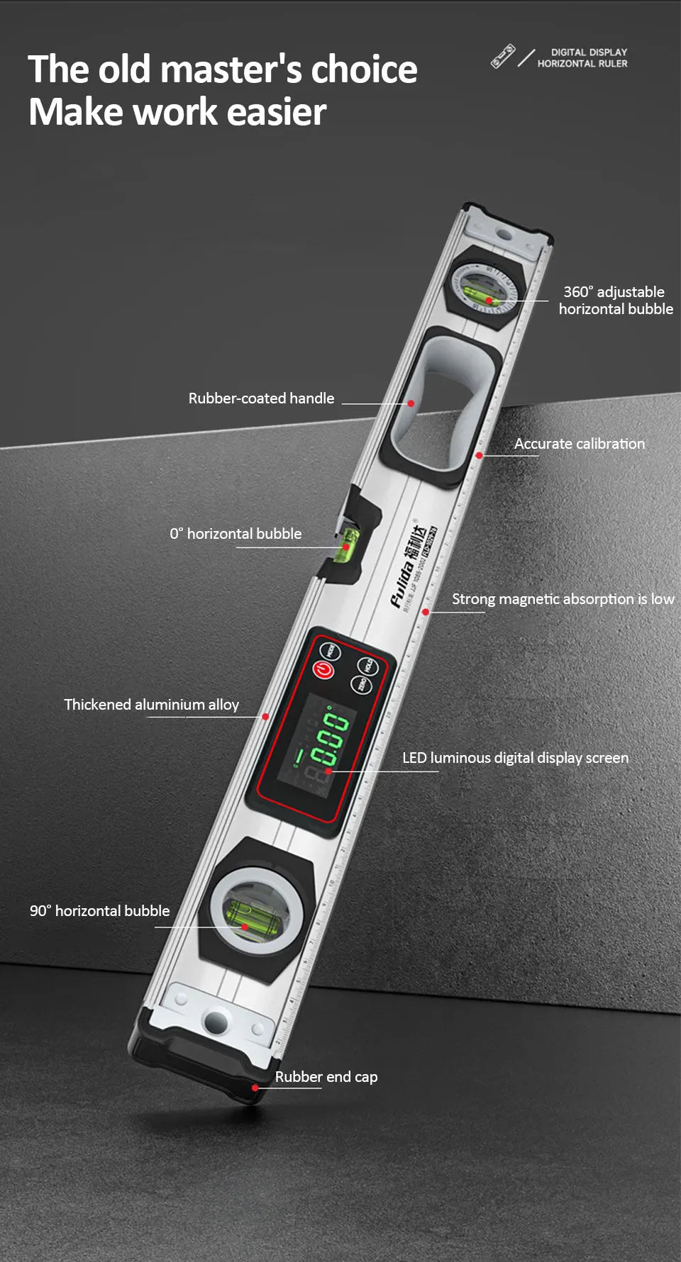 20-50cm Digital Spirit Level and Protractor Magnetic Spirit Level Bubble Level Aluminum Alloy Body Smart Level with Carrying Bag