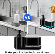 Kitchen Soap Dispenser Set, Kitchen Sink Soap Dispenser, Dish Soap Dispenser with Sponge Rack, Rag Rack and Tray, 4-in-1 Storage
