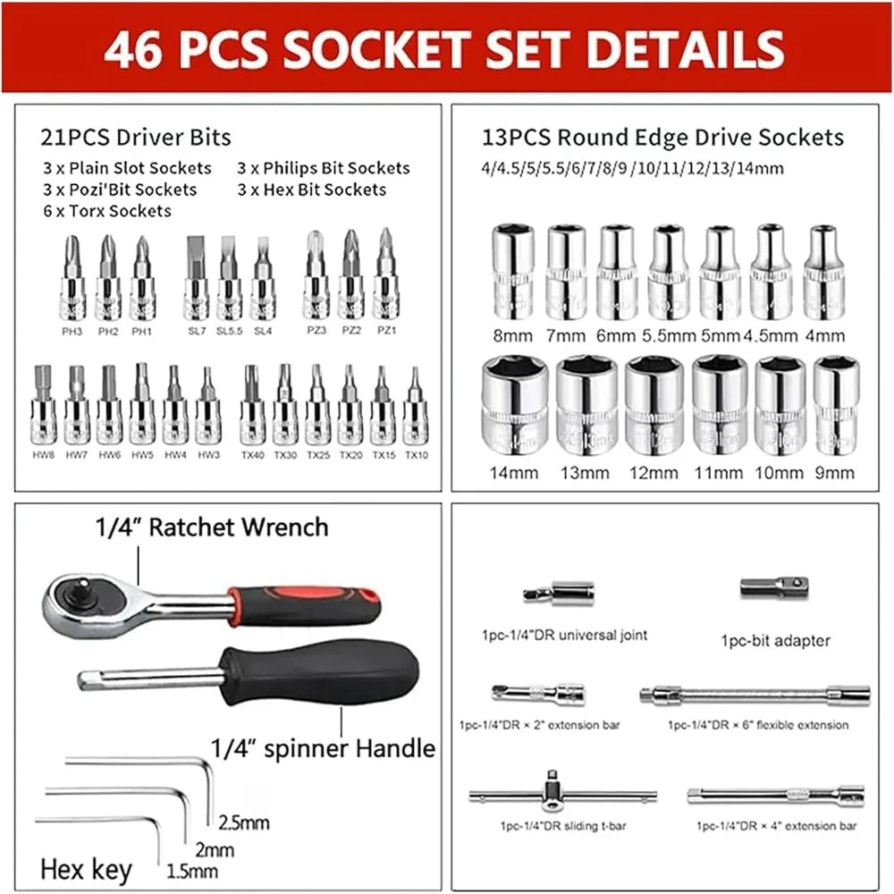 Professional Car Repair Tool Set Motorcycle Toolbox Set 46-Piece Set Car Repair Kit Ratchet Wrench Set Sockets Auto Repair Tools