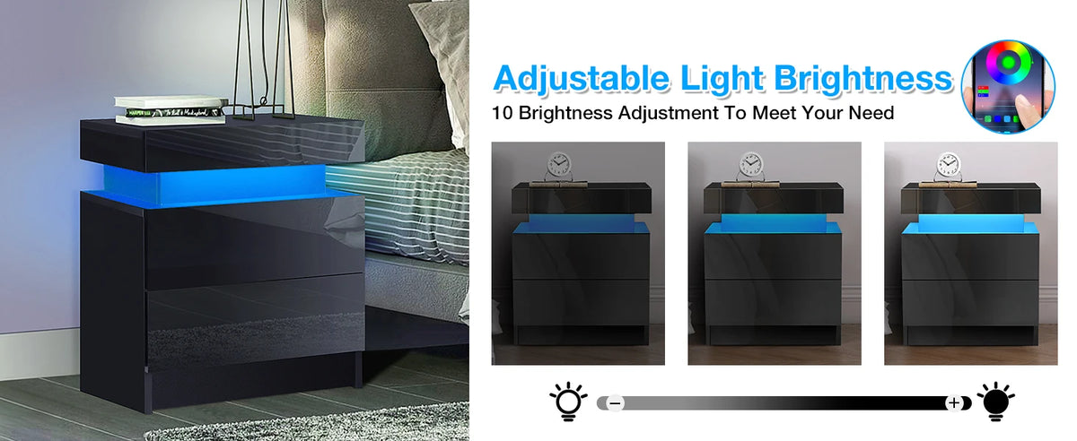 Living Room LED Nightstand Black Night Stand Led Lights Modern Nightstand 2 High Gloss Drawers Bedside Table Smart Bedroom