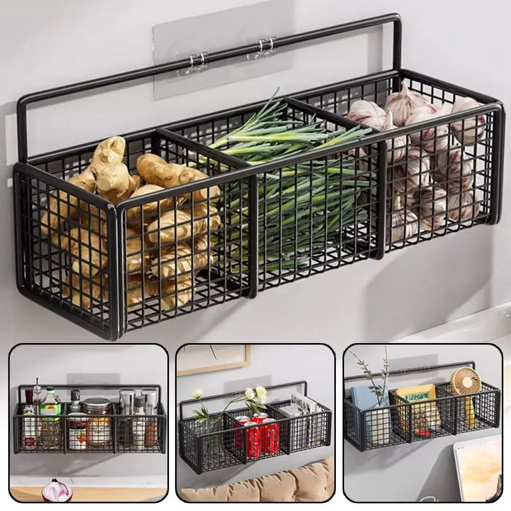 Kitchen Wall Mounted Storage Rack Onion Ginger Garlic Condiments Spice Shelf Punch-Free Vegetable Fruit Drain Basket