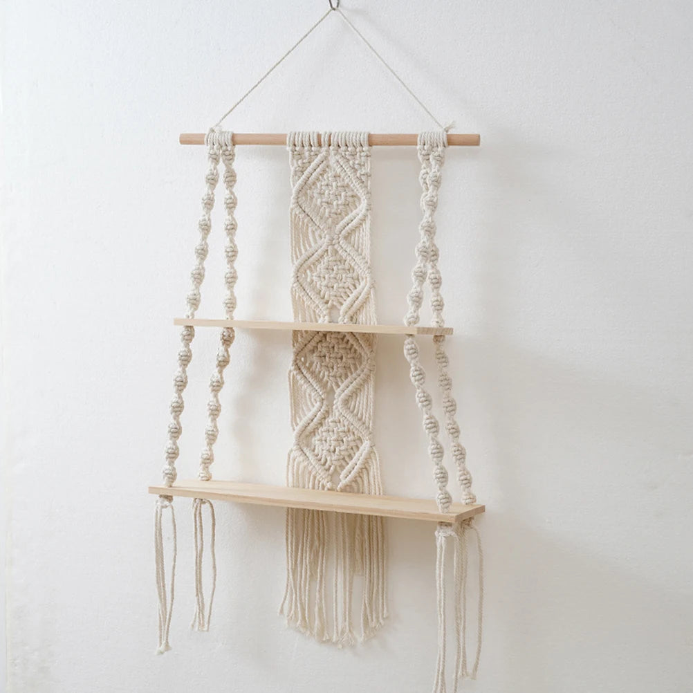 Bohemian Bedroom Decoration Wall Decoration Bohemian Bookshelf Decoration,Woven Rope Floating Wooden Shelves and Plants Storage