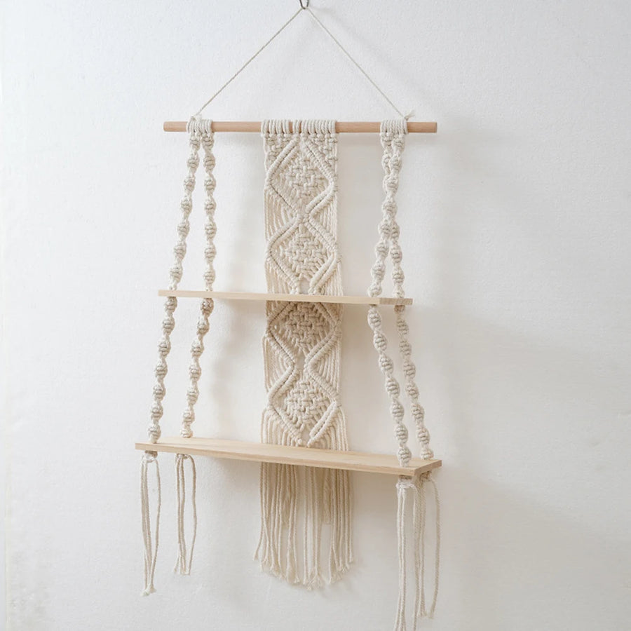 Bohemian Bedroom Decoration Wall Decoration Bohemian Bookshelf Decoration,Woven Rope Floating Wooden Shelves and Plants Storage