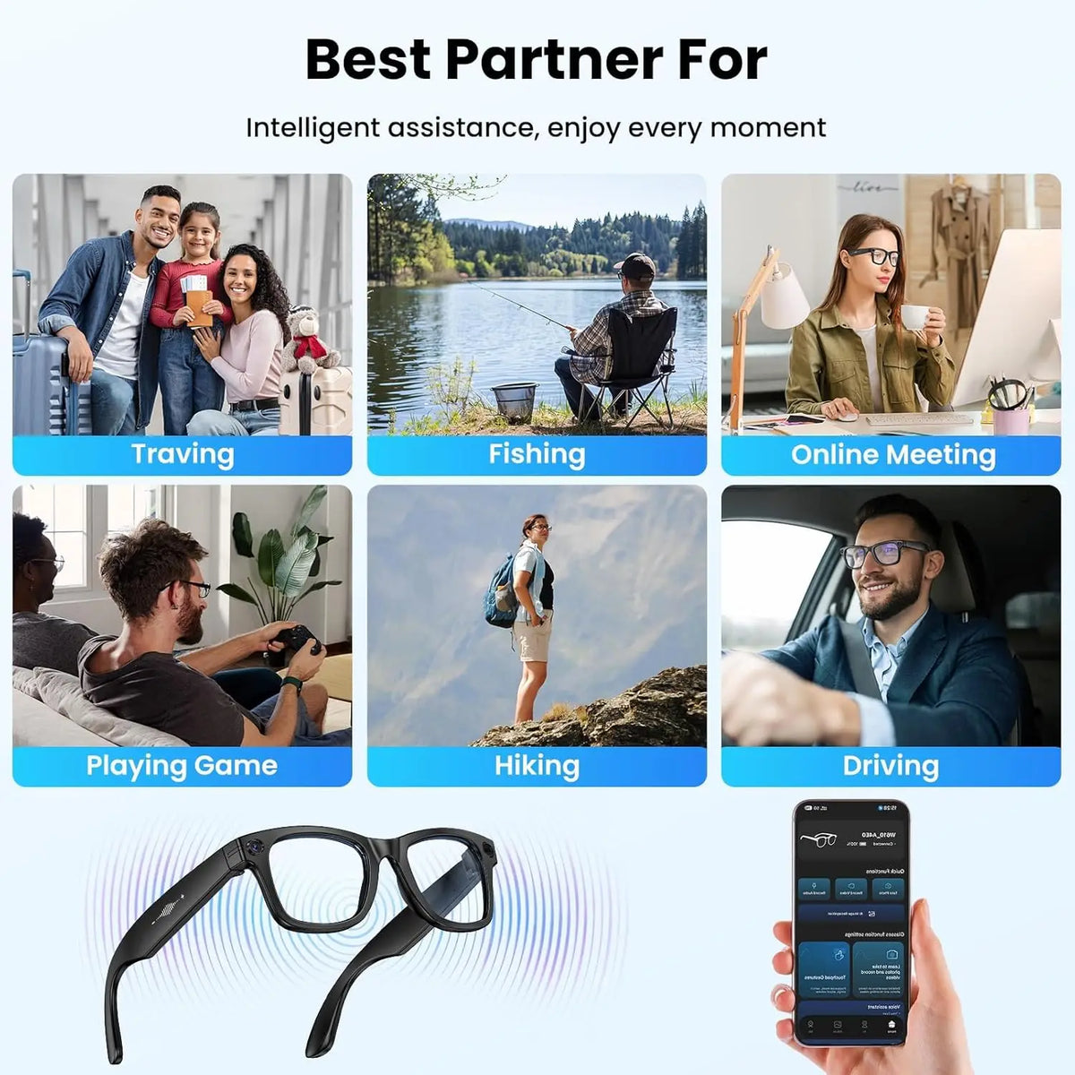 New 8 Million Pixels Camera Smart Glasses Recording Videos AI Photo Recognition Answer Translation Waterproof Blue light Glasses