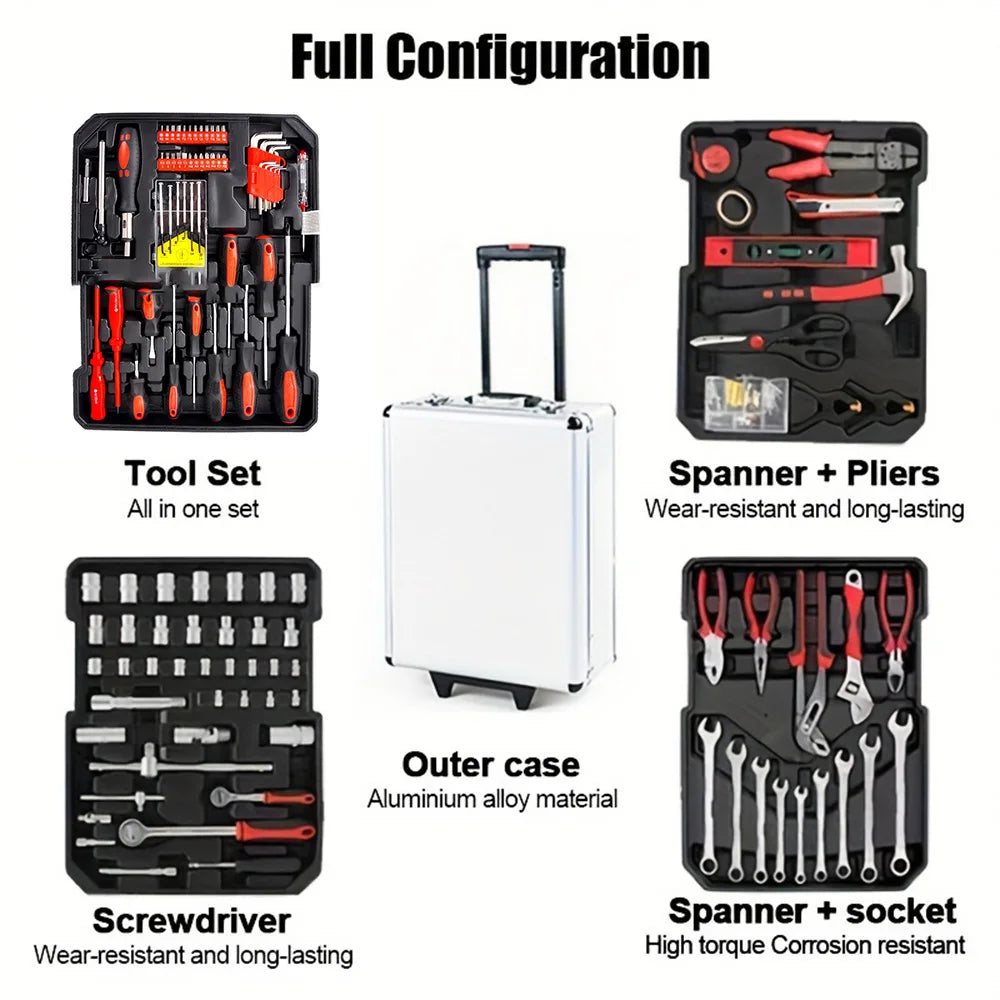 Wheeled Trolley Tool Sets,187Pcs Aluminum Trolley Case Tool Set Silver, Car Mechanics Repair Kit Set, Household Hand Tool Set