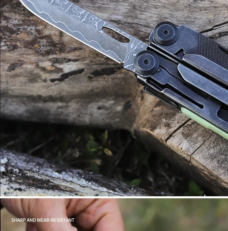 2025 New BHBT 19 in 1 Multi Tool Pliers with Damascus Blade Hoxagon Wrench Folding EDC Outdoor Camping Tools Home Repair