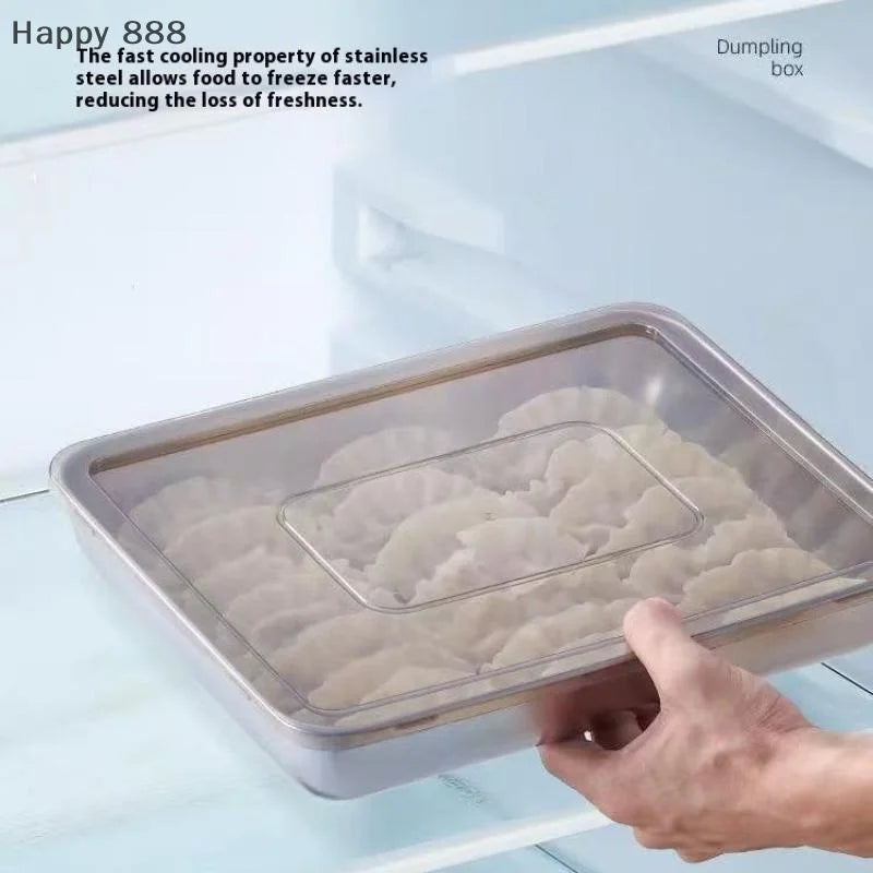 Stainless Steel Kitchen Storage Container With Tray – Refrigerator Organizer For Dumplings, Fruits, Vegetables, Meat, And Cakes