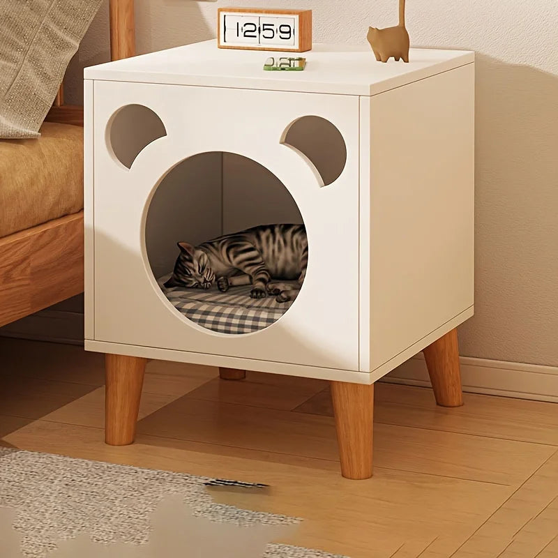 Cat Bed Side Table with Bear Cutout Design, Elevated Wooden Cat House with Cushion, Multi-Functional Nightstand & Pet Bed