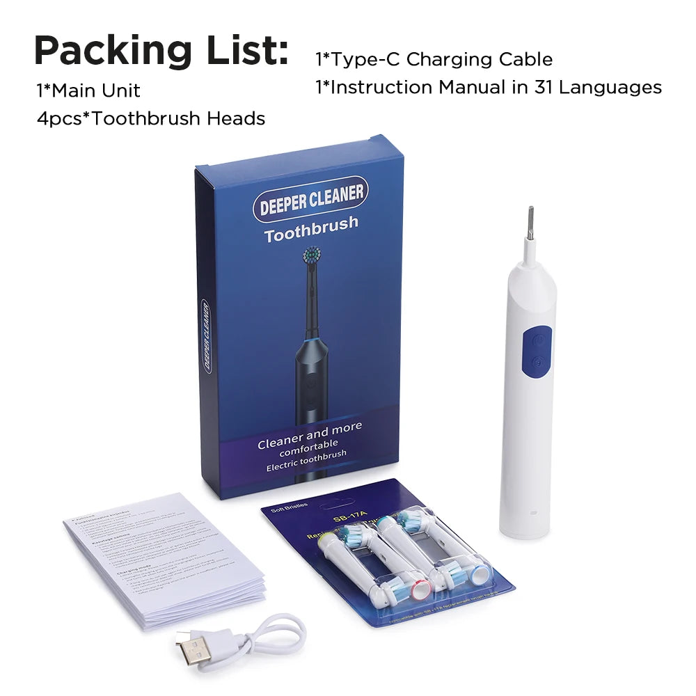 Smart Timer Rotating Electric Toothbrush, 5 Modes Teeth Cleaning Setting , Electric Teethbrush with 4 Teethbrush Round Heads