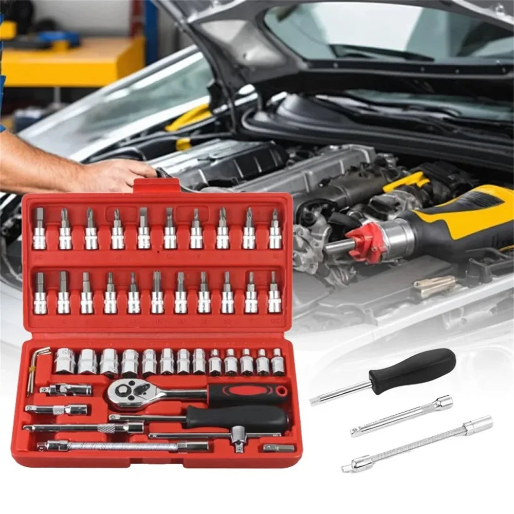 Professional Car Repair Tool Set Motorcycle Toolbox Set 46-Piece Set Car Repair Kit Ratchet Wrench Set Sockets Auto Repair Tools