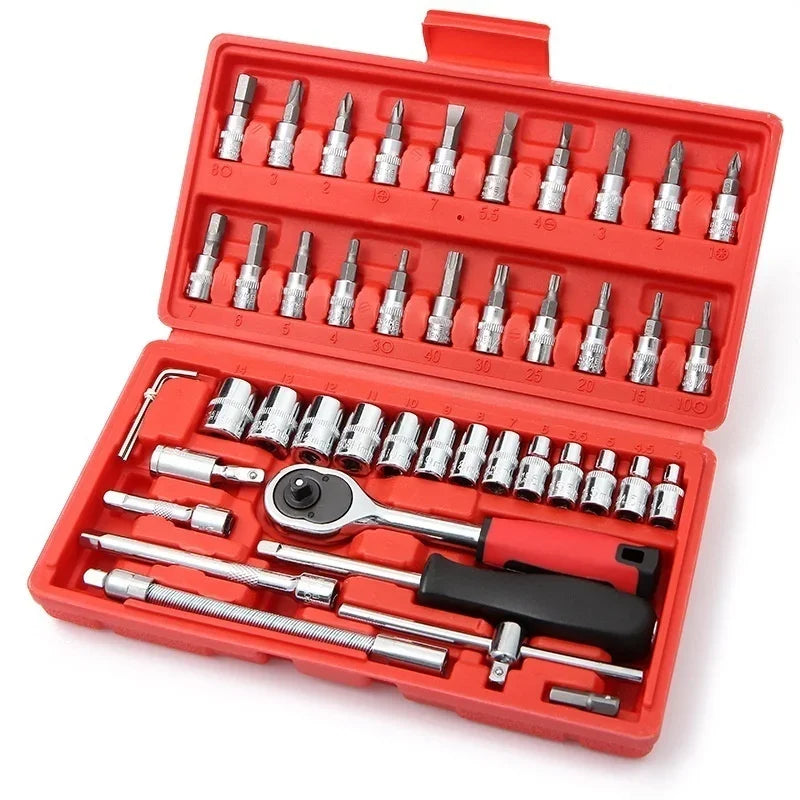 46 Pieces / Set Car Repair Tool Set Household Hand Tool Kit Wrench Screwdriver Socket Carbon Steel Combination Set + Tool Box